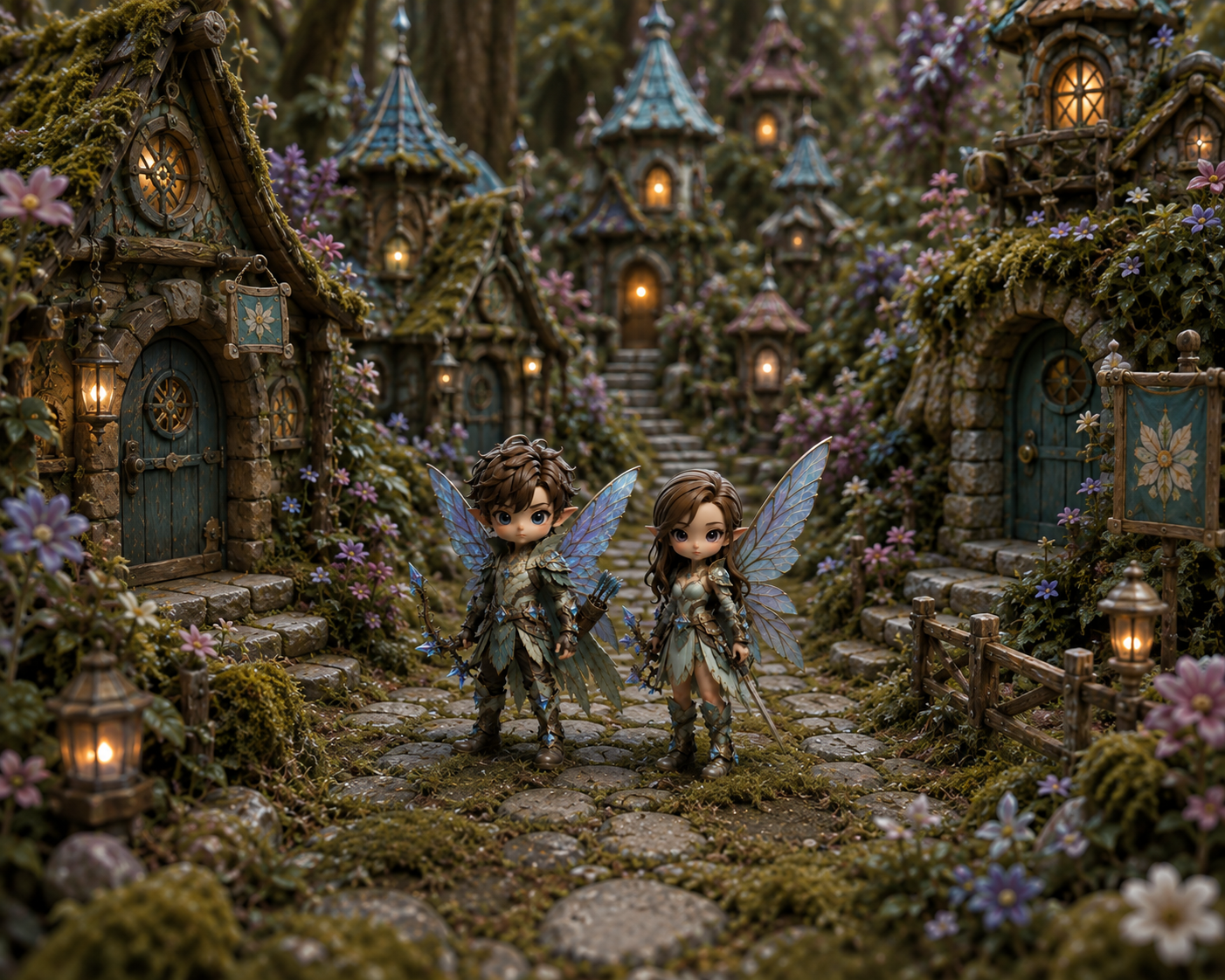 Both Feywild figures posed on a lantern-lit cobbled path in a miniature Feywild village of moss-covered houses