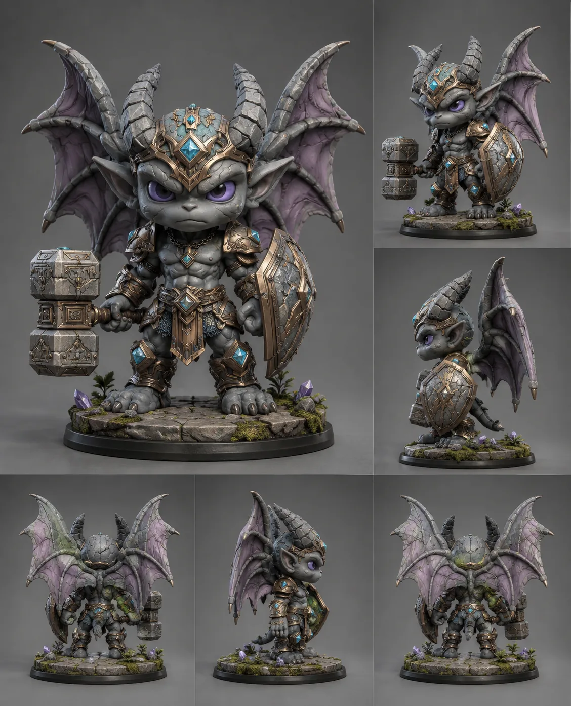 Hand-painted Gargoyle figure in grey stone and bronze armour with wide wings, a stone hammer and a shield on a mossy flagstone base