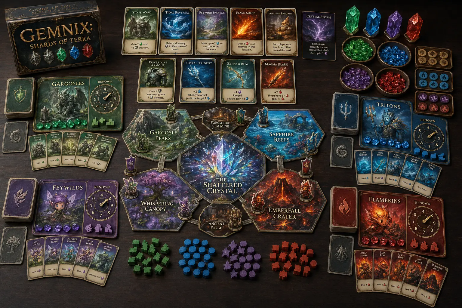 Gemnix: Shards of Terra board game spread out with the hex map, four faction boards, cards, gem tokens and meeples