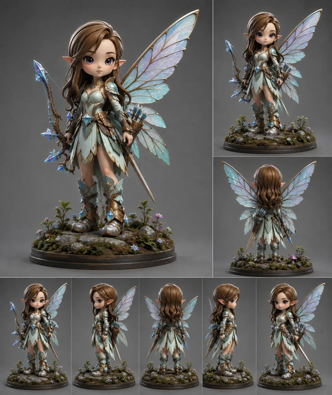 View image 2: Feywild wind scout figure in pale green leaf armour with a slender blade and translucent wings, shown from several angles