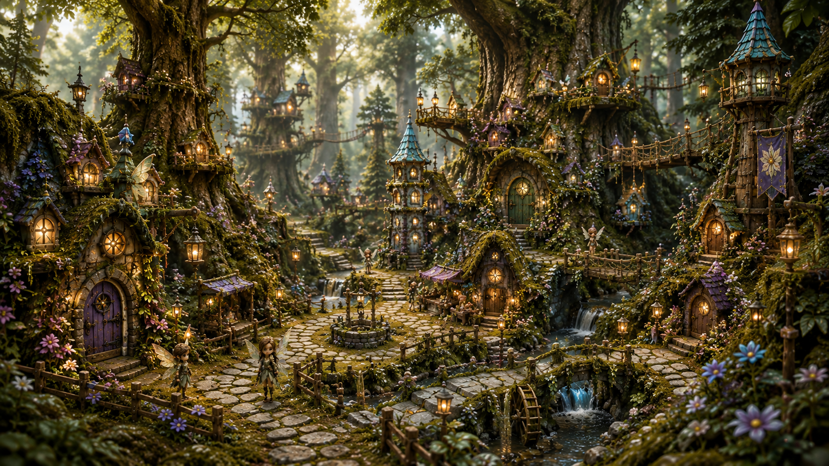 A large woodland village of moss-covered miniature cottages, lantern-lit tree houses, rope bridges and a cobbled path winding past a tiny well