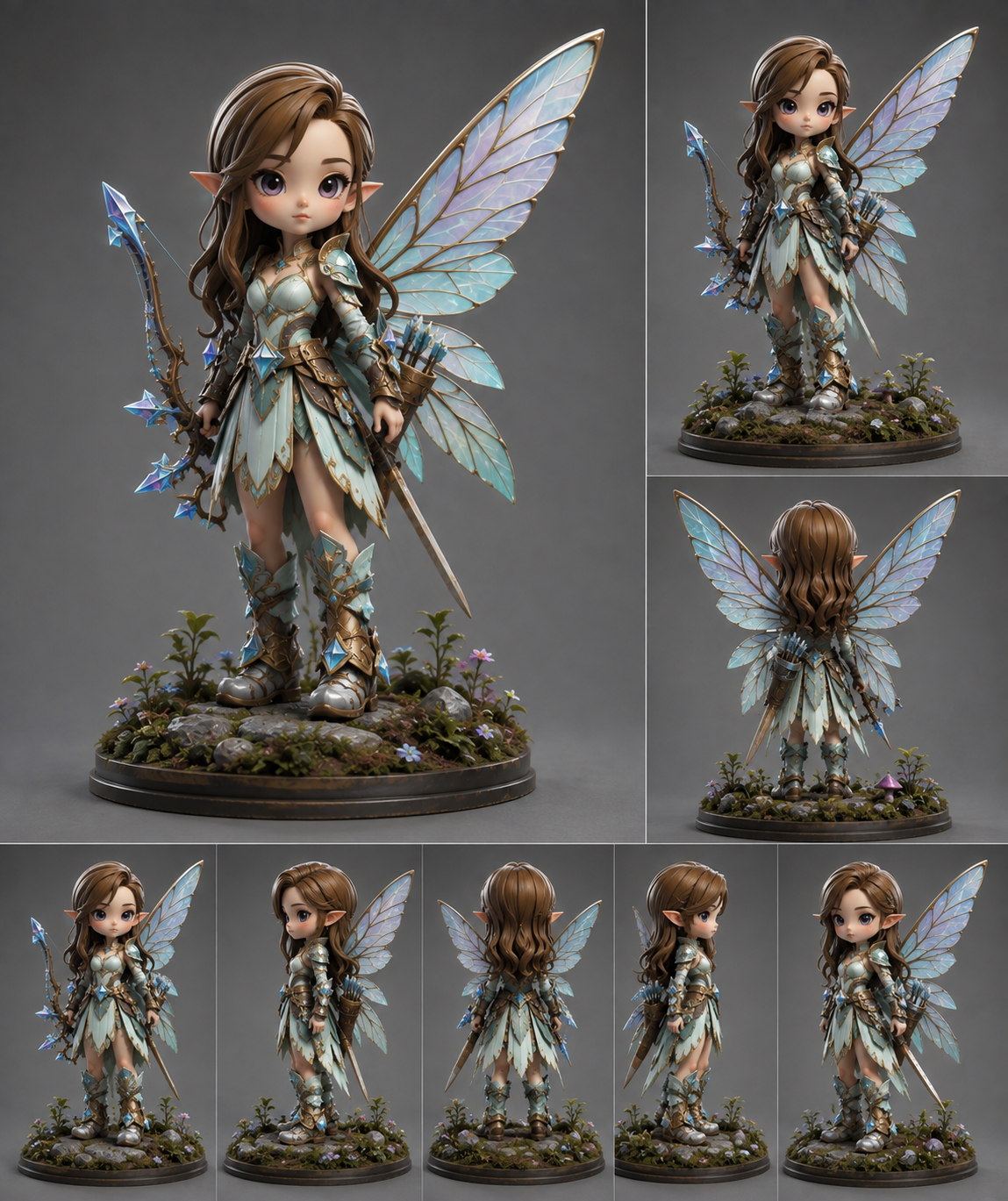 Feywild wind scout figure in pale green leaf armour with a slender blade and translucent wings, shown from several angles