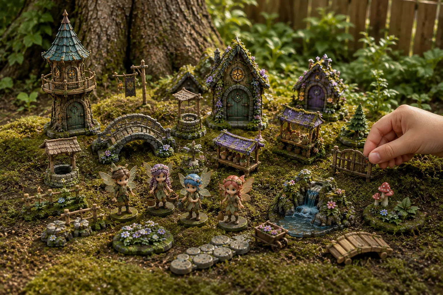 The full starter village arranged on moss: tower, three cottages, stone bridge, wells, market stalls, fairy figures and a small waterfall, with a hand placing a fence piece