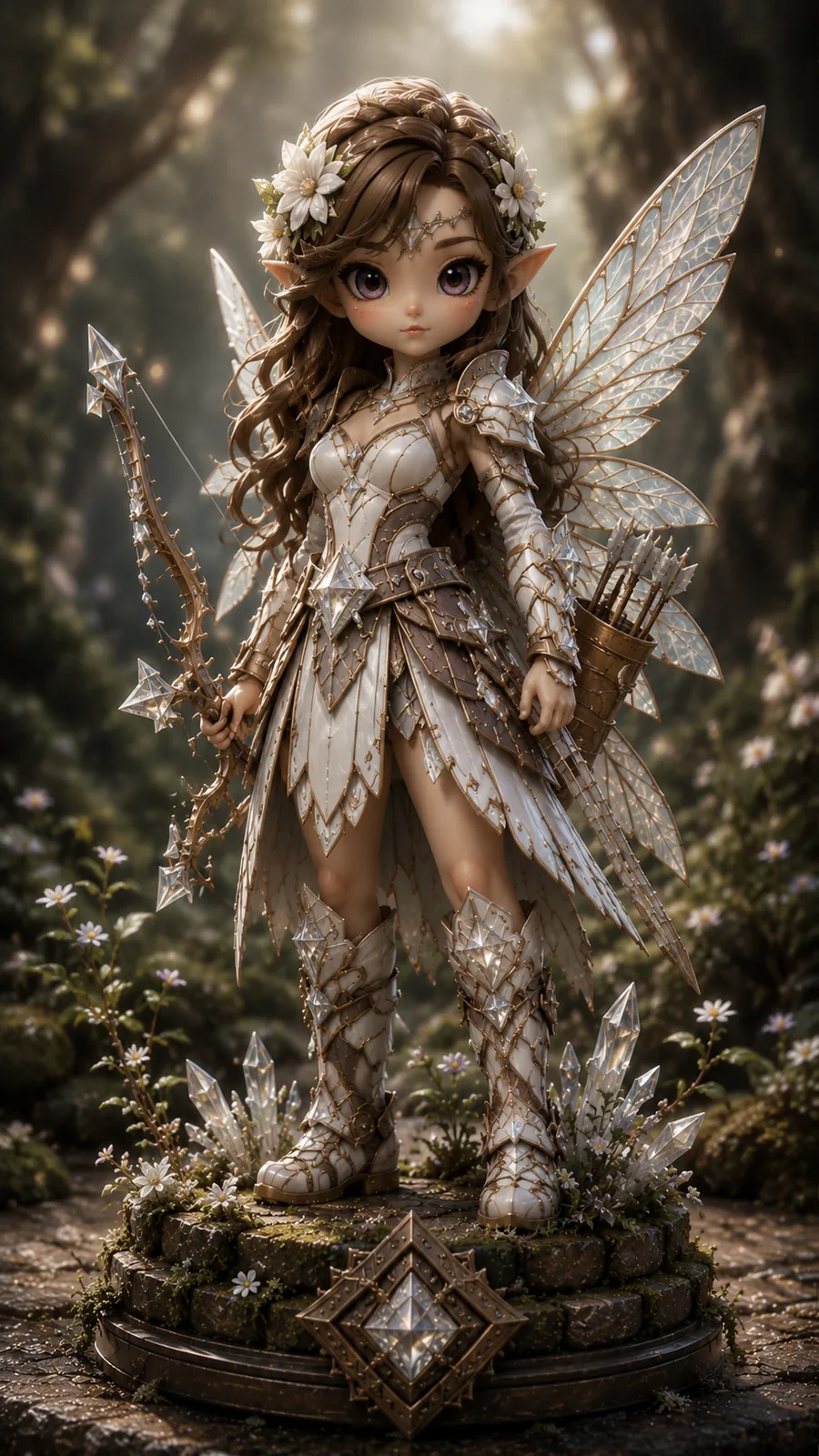 Collectible Feywild figurine: a winged fae archer in ivory and gold petal armour with iridescent wings and a crystal bow on a mossy flowering plinth