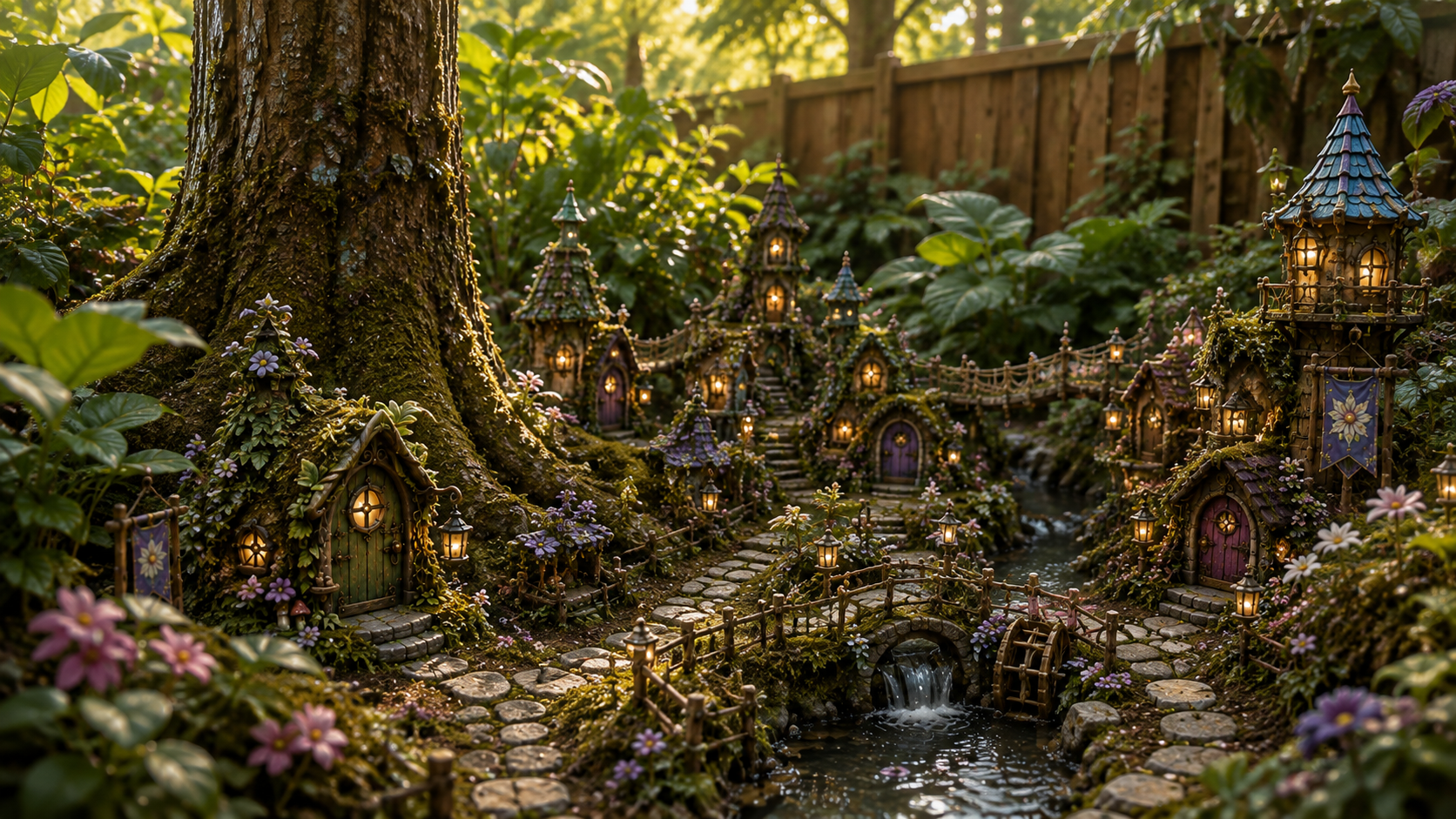 The illuminated village seen wide: moss-roofed cottages at the base of a tree, lit towers, rope bridge and a waterfall running under a stone bridge