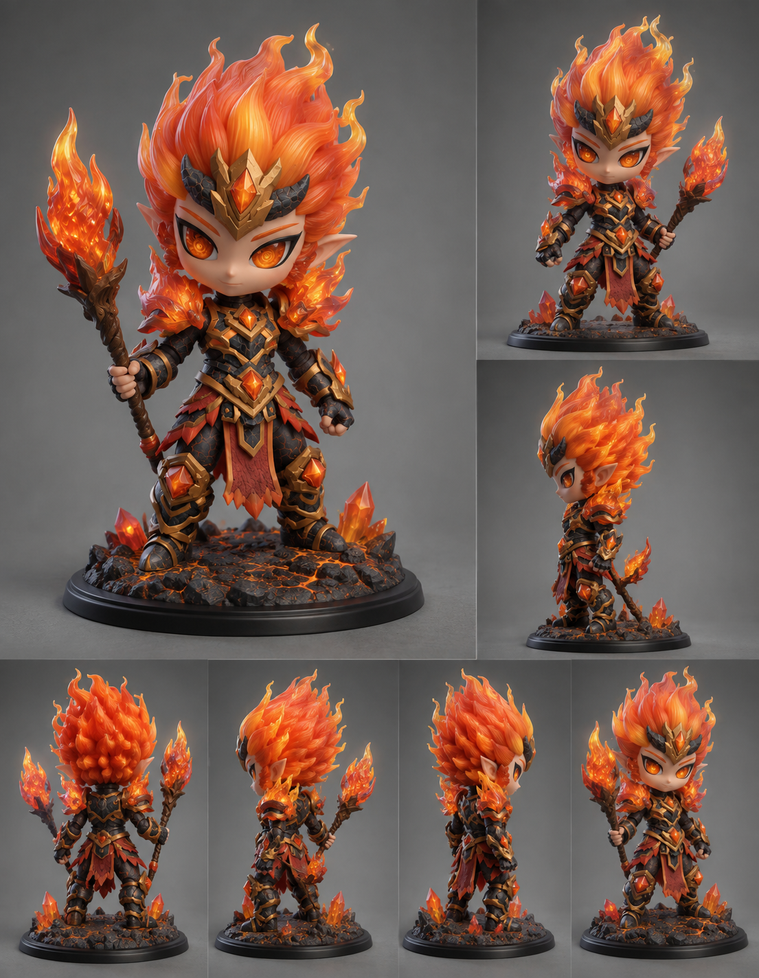 Flamekin ember-warden figure in blackened gold-edged plate with a burning torch, shown from several angles