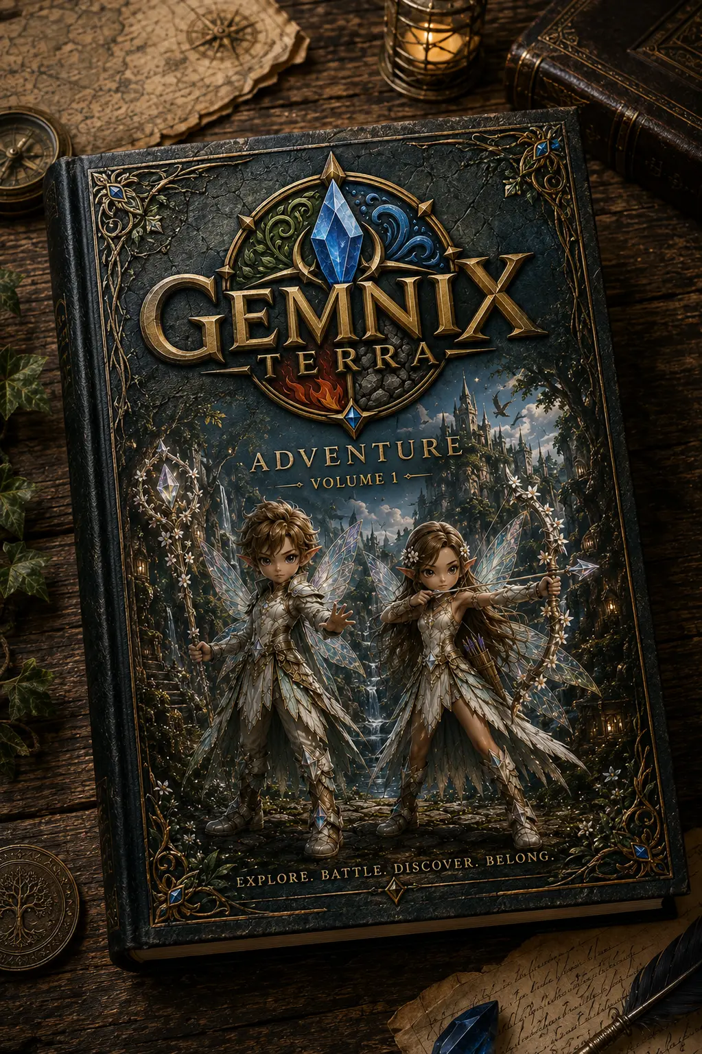 Gemnix Terra Adventure Volume 1 hardcover book resting on a wooden desk beside a map and compass.