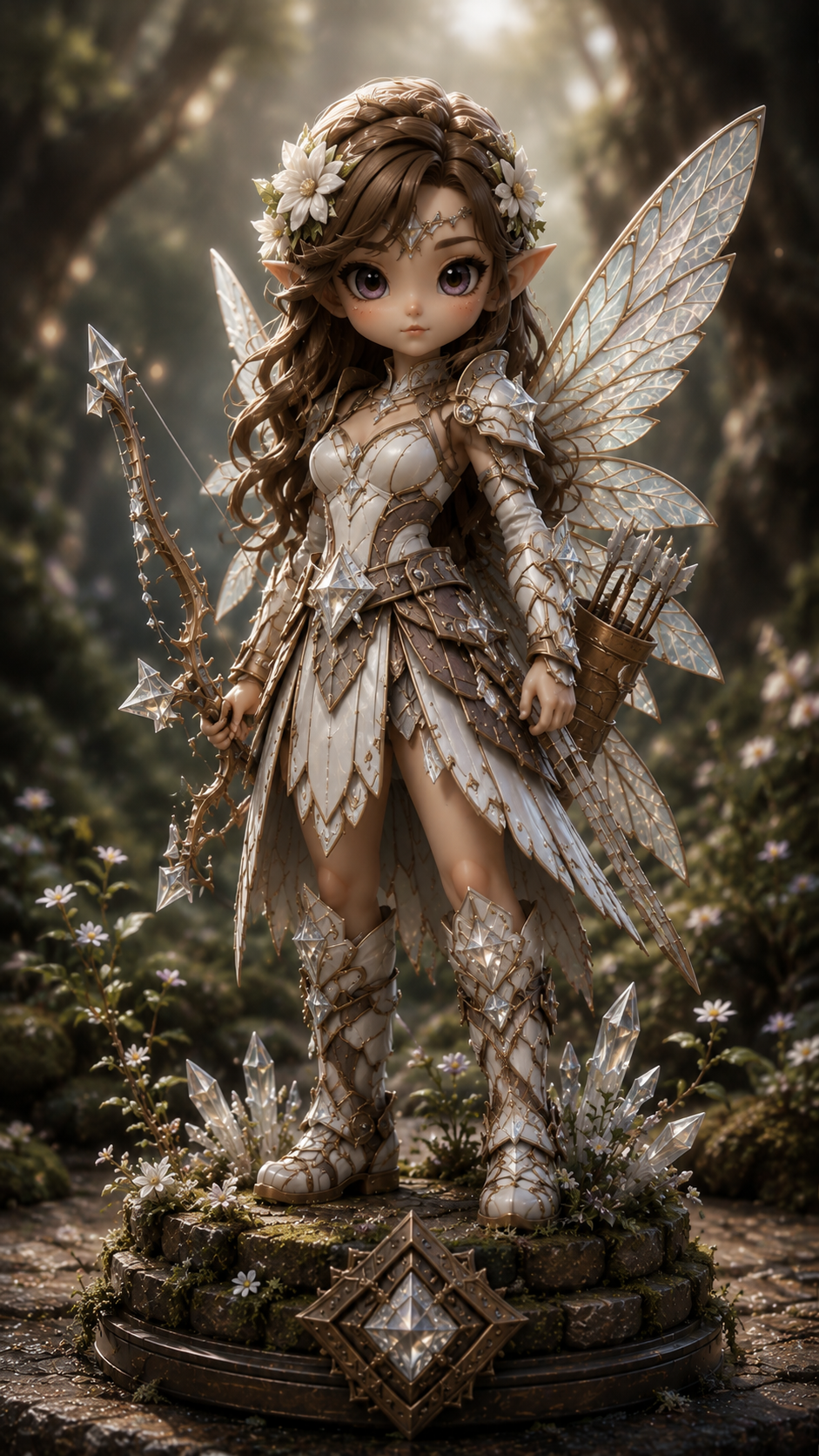 Collectible Feywild figurine: a winged fae archer in ivory and gold petal armour with iridescent wings and a crystal bow on a mossy flowering plinth