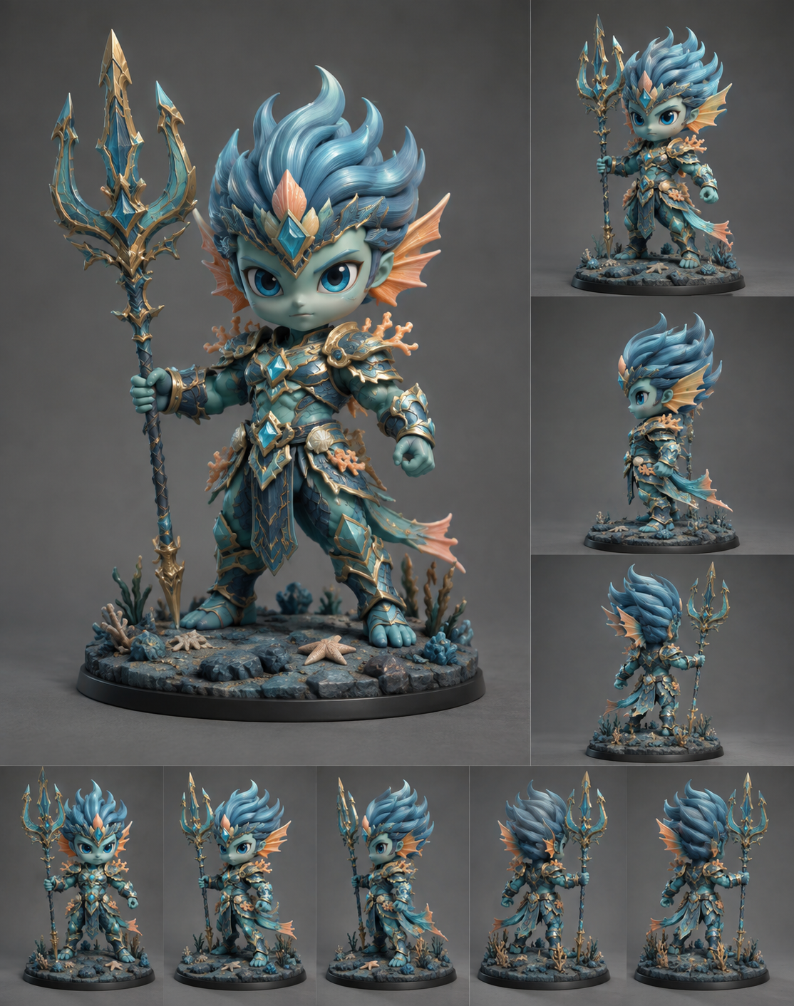 Triton tide-guard figure with gold trident, scaled armour and fin cloak, shown from several angles