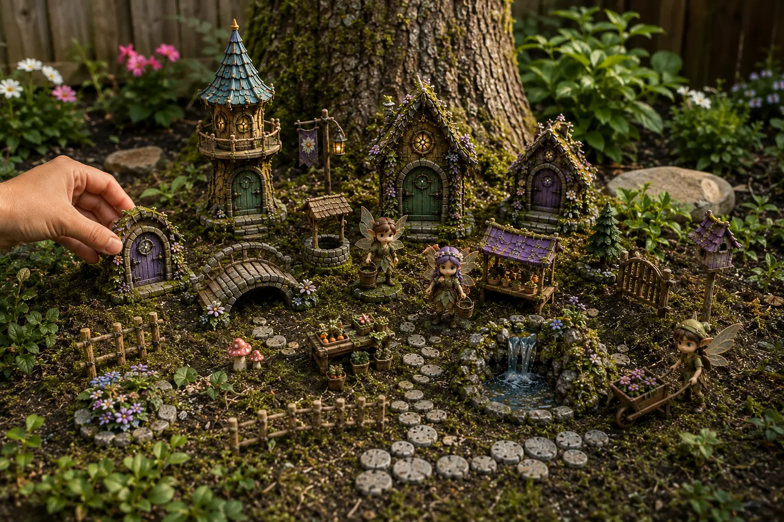 Closer view of the starter village with a hand resting a purple tree door against the trunk beside the stone bridge, stepping-stone path and waterfall pool