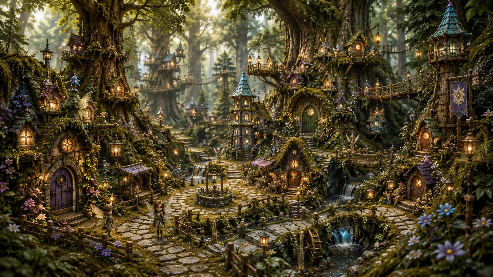 A miniature Feywild village of moss-roofed cottages built among tree roots.