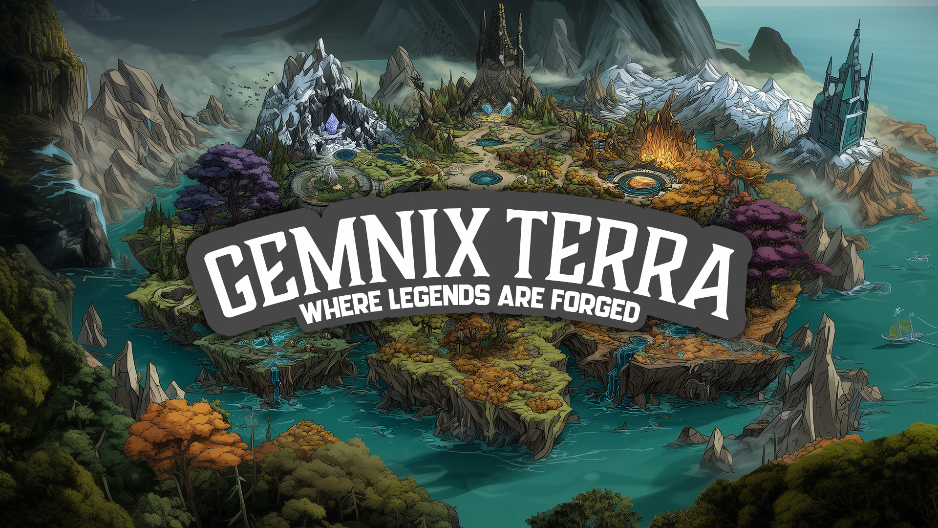 Gemnix Terra key art: an aerial view of the island realm with elemental regions and the Gemnix Terra title emblem