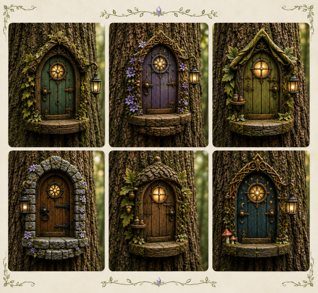 Six Feywild tree doors shown together: vine-framed, flowered, leafed, stone-arched, acorn and star-carved designs