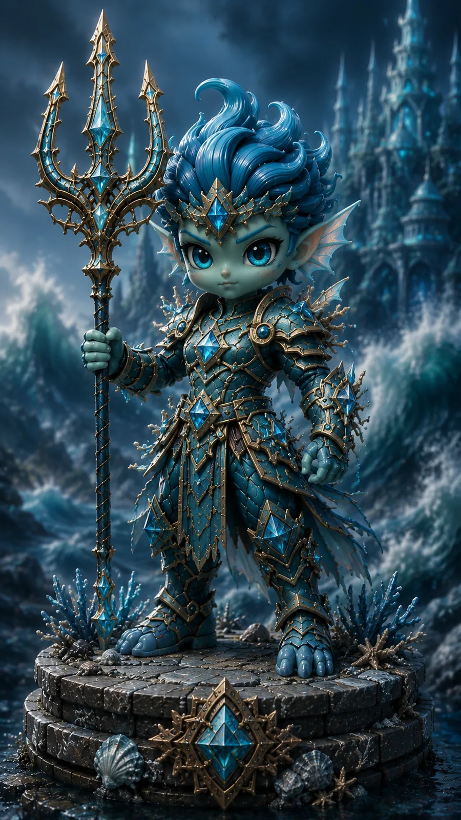 Collectible Triton figurine: a blue-haired sea warrior in teal and gold scale armour holding a gem-set trident on a stone plinth before crashing waves
