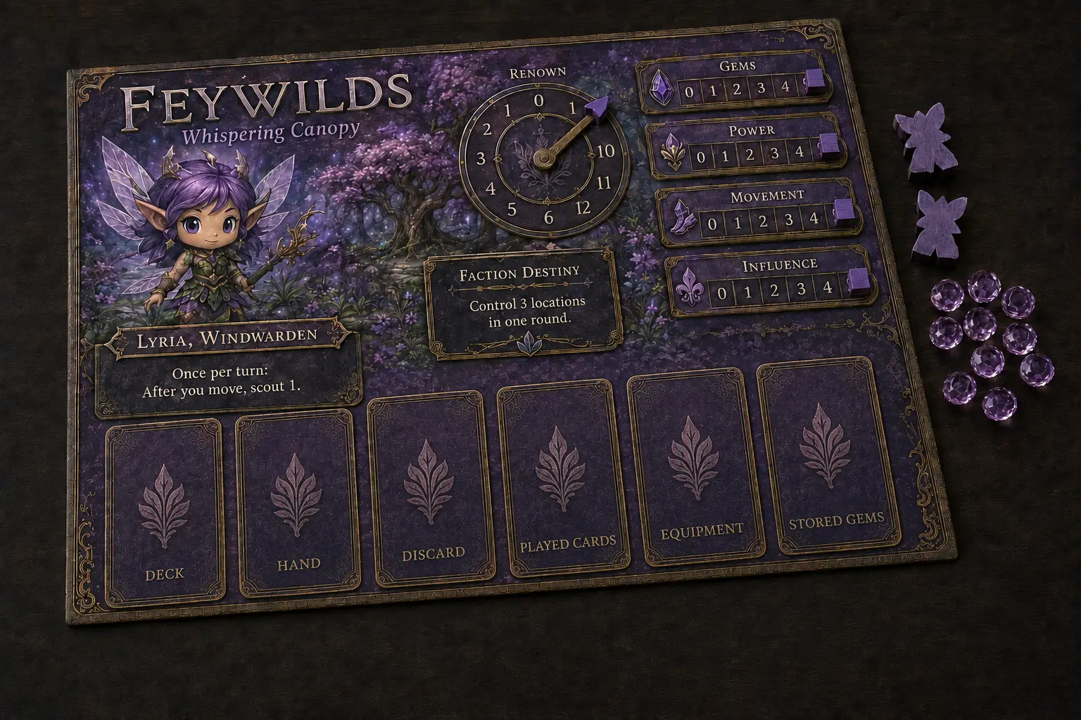 Close-up of the purple Feywilds faction board with renown dial, resource trackers, hero card and card slots beside amethyst gems and fairy meeples