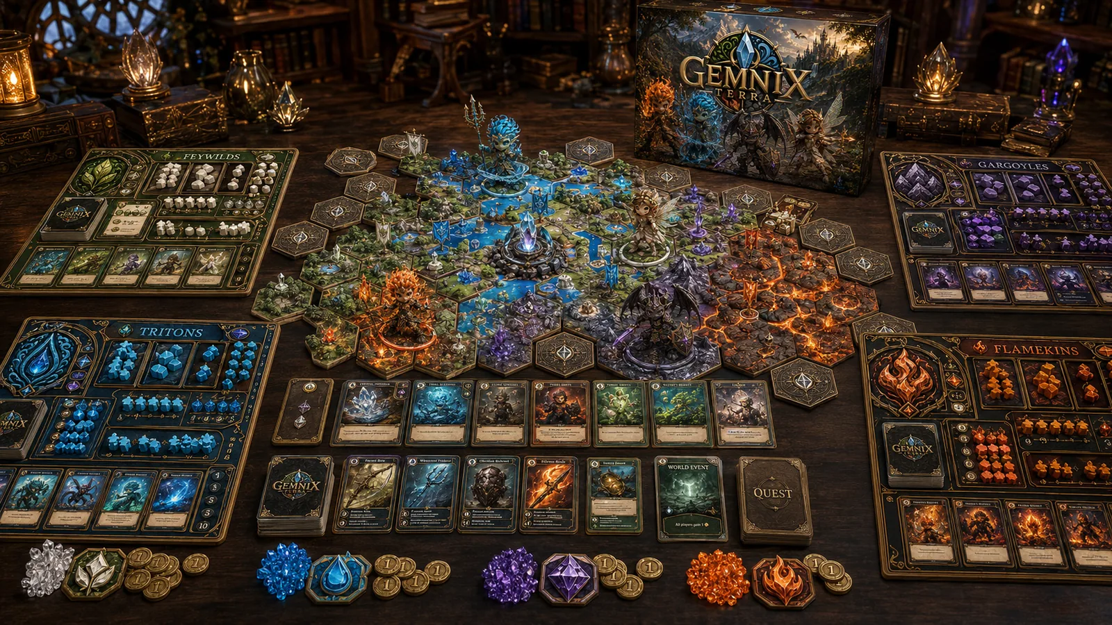 Gemnix tabletop game components laid out on a table: cards, gem tokens and boards.