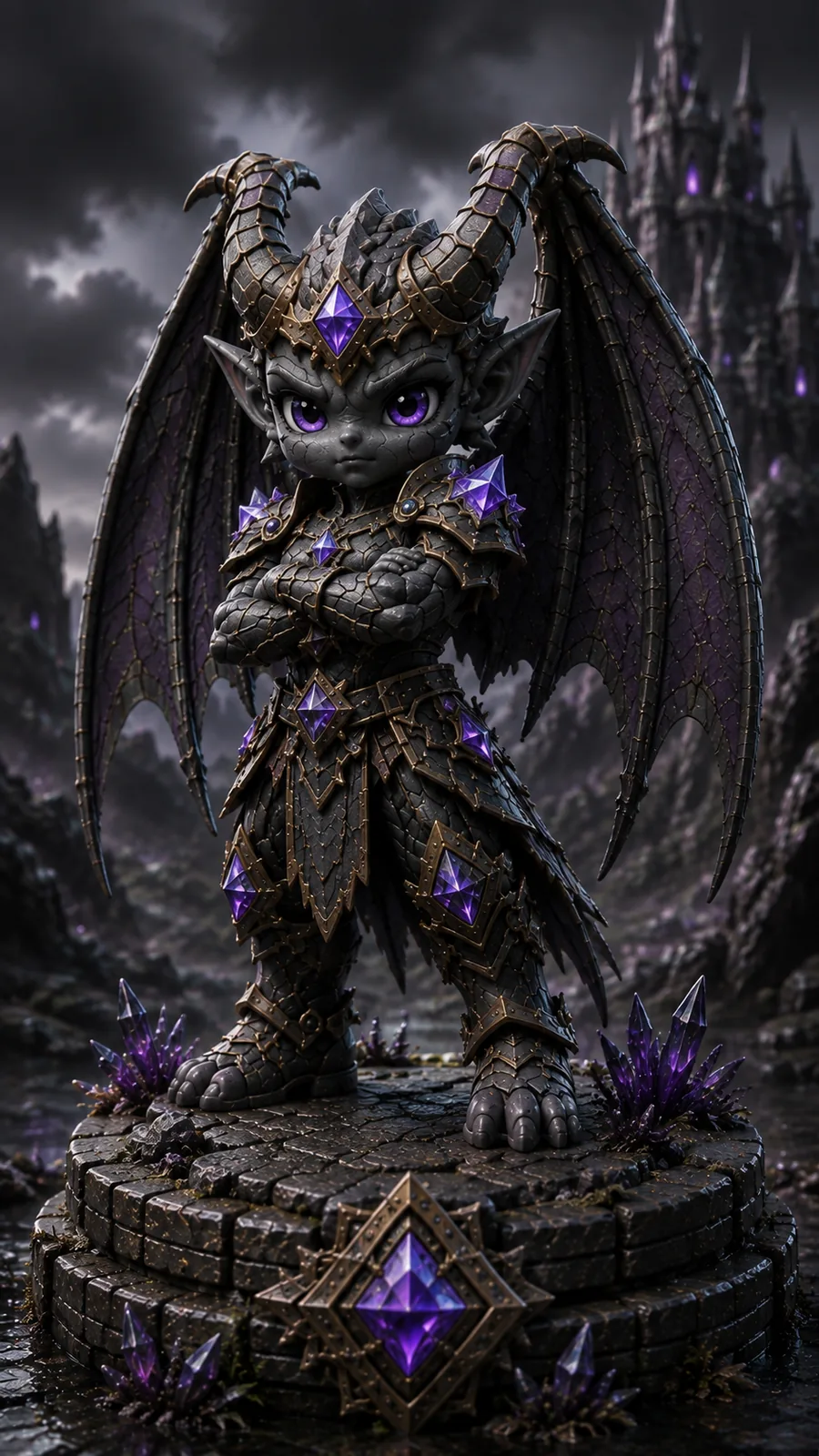 Collectible Gargoyle figurine: a stone-skinned winged guardian in dark scaled armour set with violet gems, arms folded on a cobblestone plinth before a storm-lit citadel