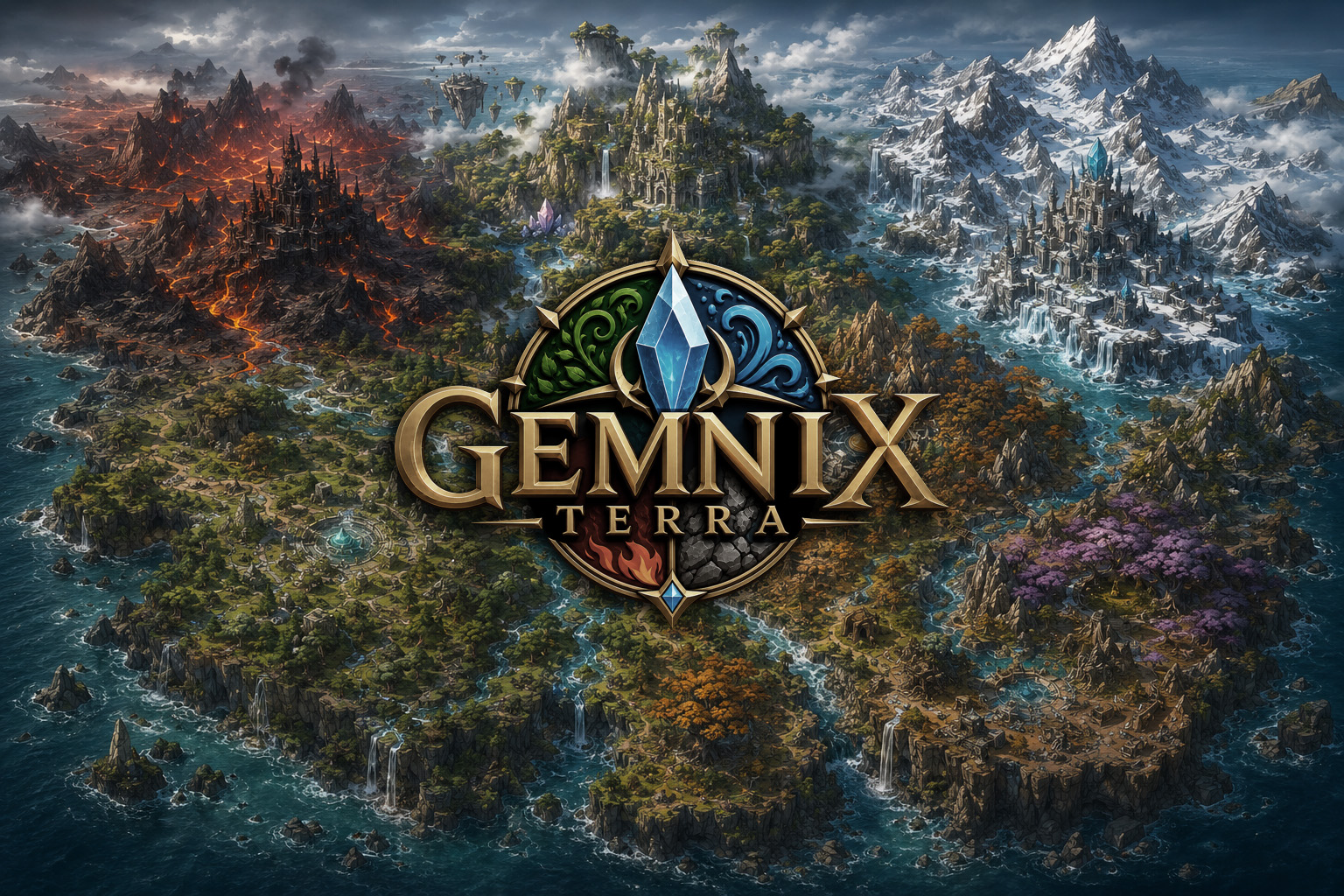 Gemnix Terra key art: an aerial view of the island realm with elemental regions and the Gemnix Terra title emblem