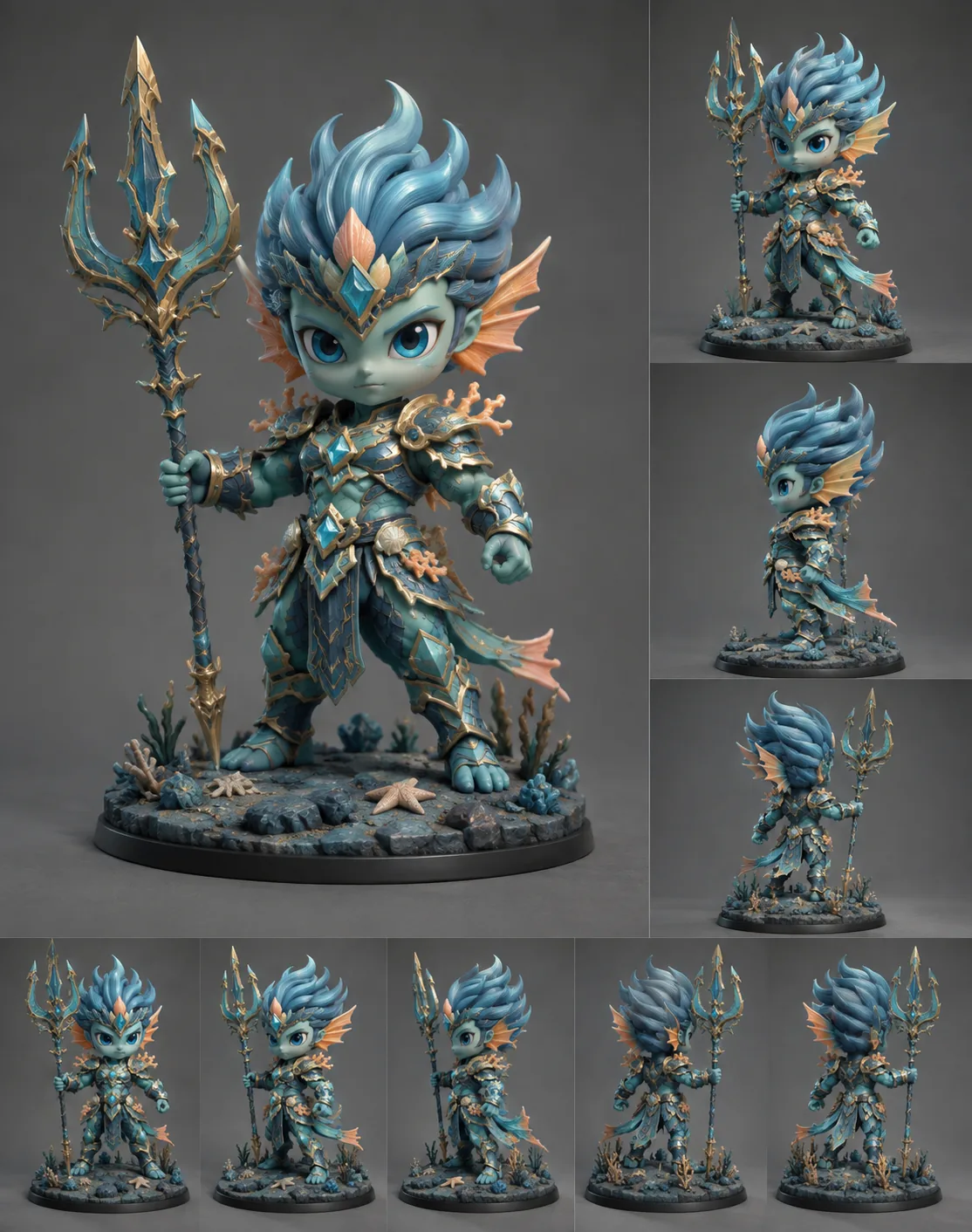 Hand-painted Triton figure in blue-green scale armour holding a gold trident on a reef display base