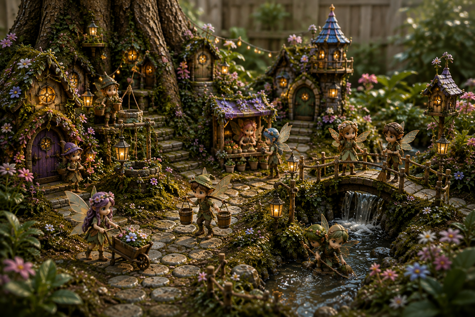 Close view of the village with Feywild figures at the market stall, well and stream beside the lit lanterns