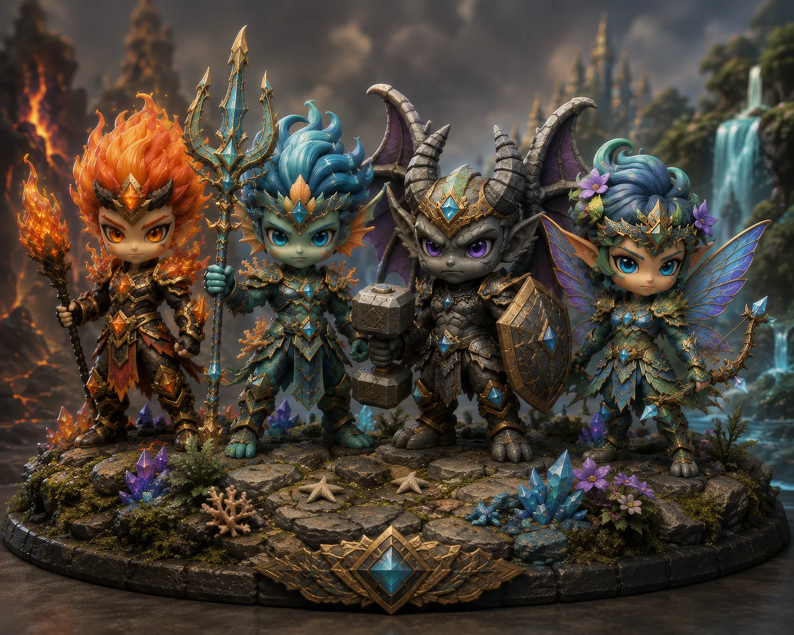 Collectible Gemnix figurines of the four factions — Flamekin, Triton, Gargoyle and Feywild — standing together on a gem-studded stone diorama.