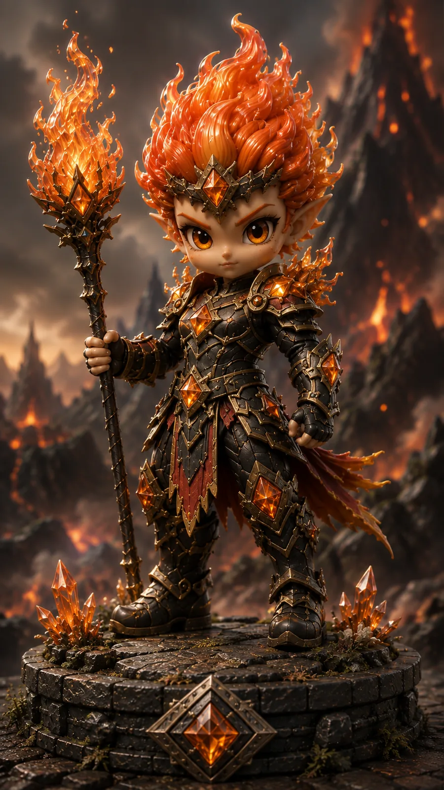 Collectible Flamekin figurine: a flame-haired forge warrior in blackened gold armour set with amber gems, holding a burning staff on a basalt plinth before lava peaks