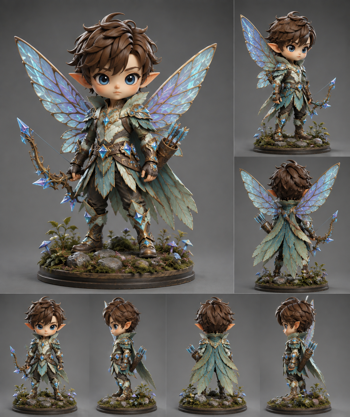 Feywild scout figure in leaf armour with iridescent wings, crystal-tipped bow and quiver, shown from several angles