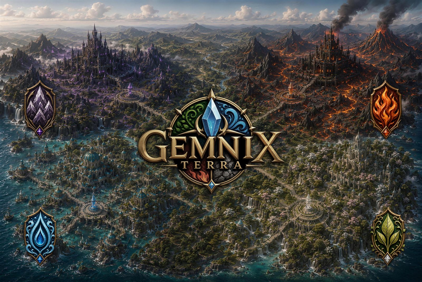 Gemnix Terra online adventure key art with the Gemnix Terra emblem over the realm map.