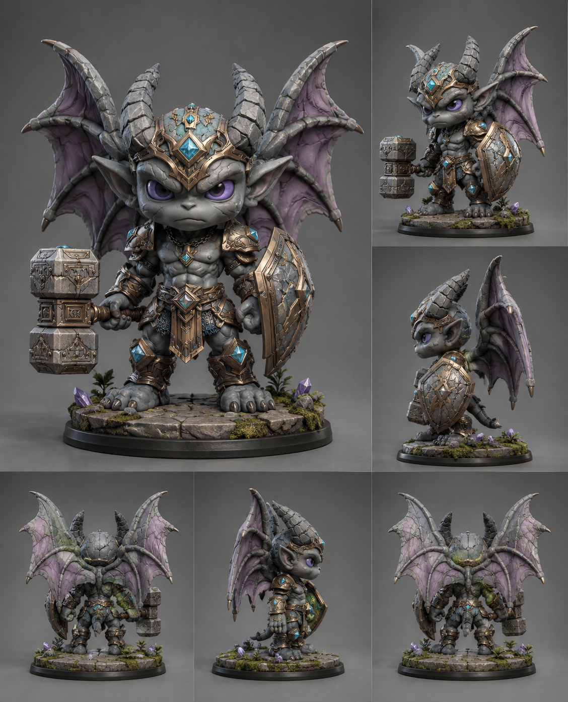 Gargoyle stone-ward figure with rune hammer, bronze shield and broad translucent wings, shown from several angles