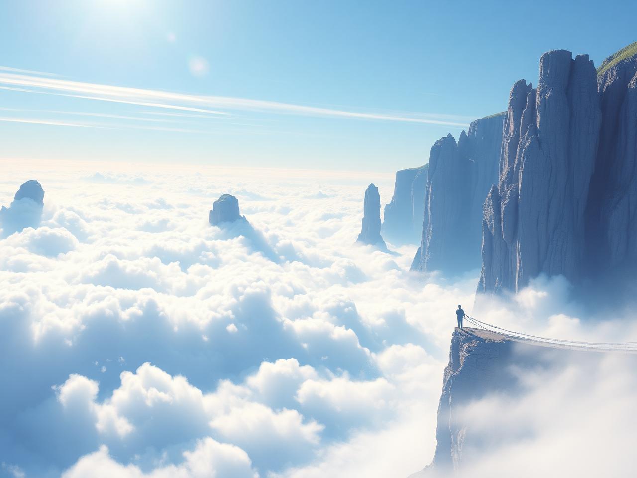 Highland cliffs and rope bridges above a bright sea of clouds