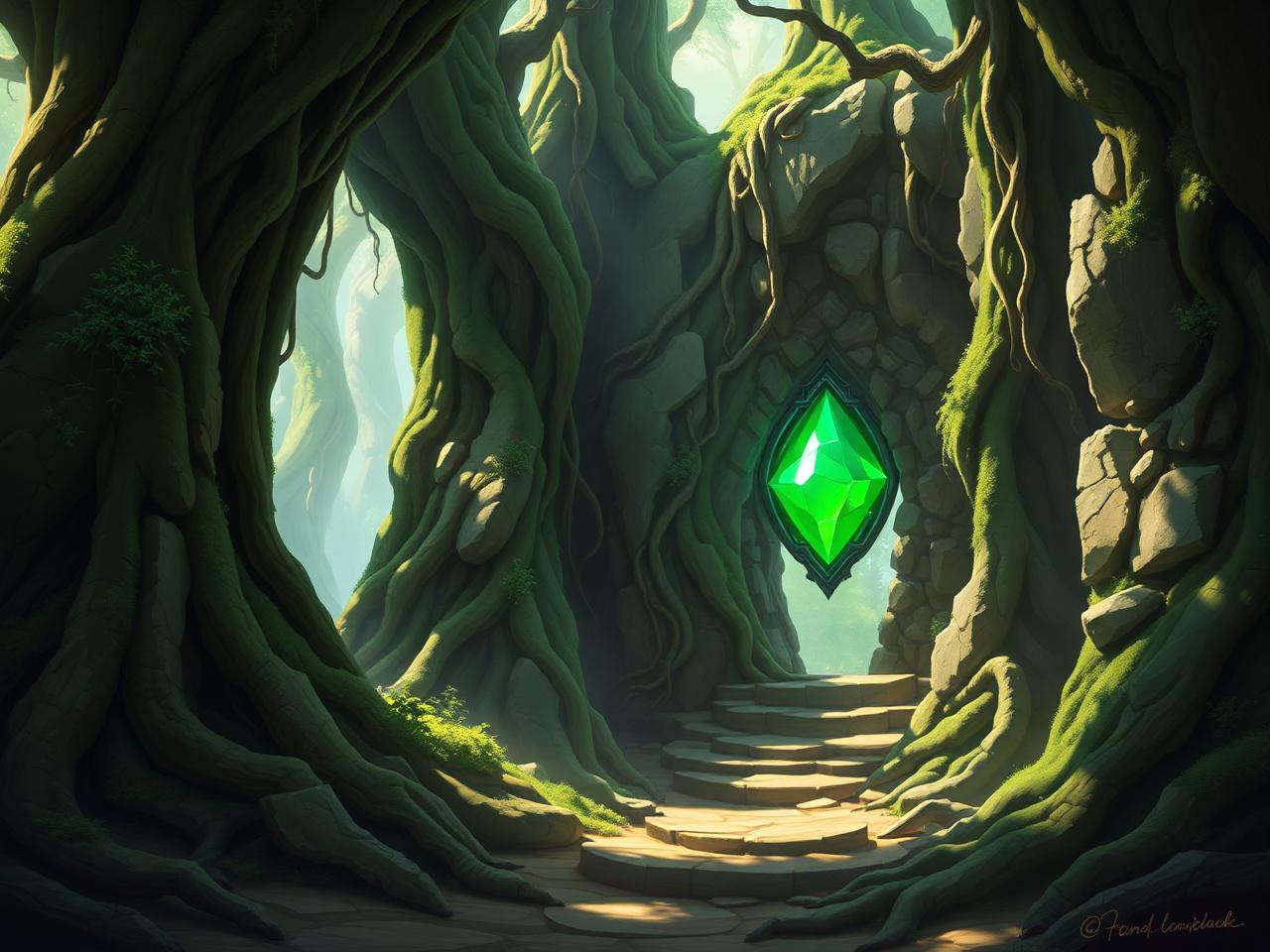 Ancient forest of mossy stone monoliths with a glowing green gem set in a carved archway