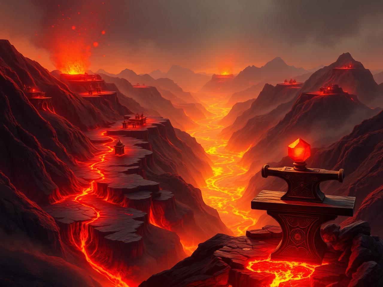 Volcanic ridges with glowing channels of light and small forge settlements on terraces