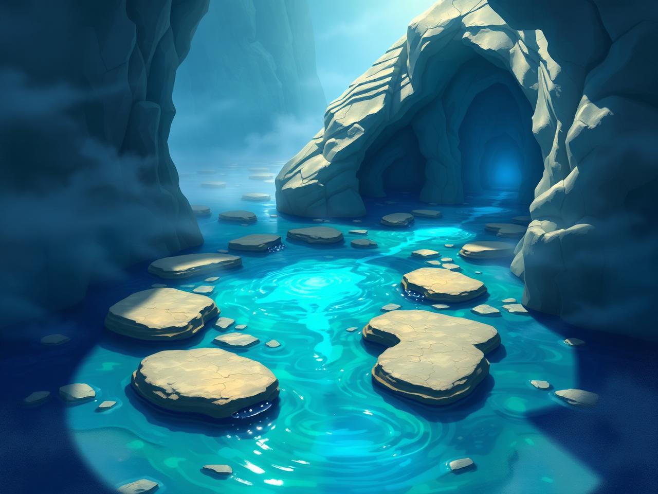 Turquoise tidal pools and mist below pale stone arches, with light glowing beneath the water