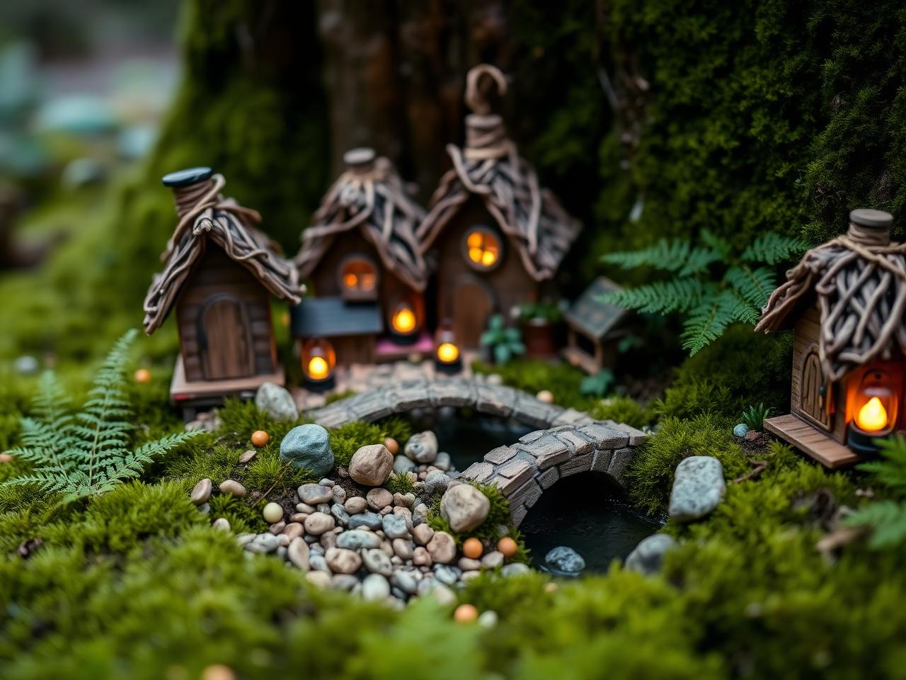Miniature village of wooden cottages and a stone bridge among moss and ferns