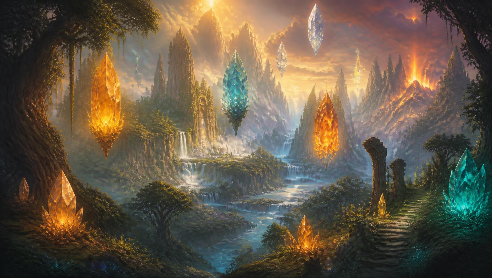 Luminous valley of floating gems above forest, river and volcanic regions