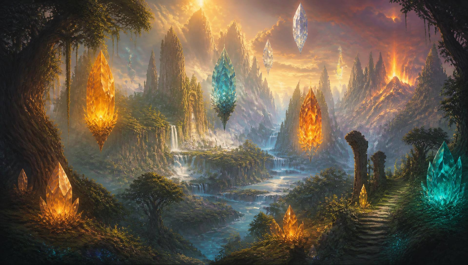 Illustrated key art of the Gemnix Terra realm with glowing elemental gems