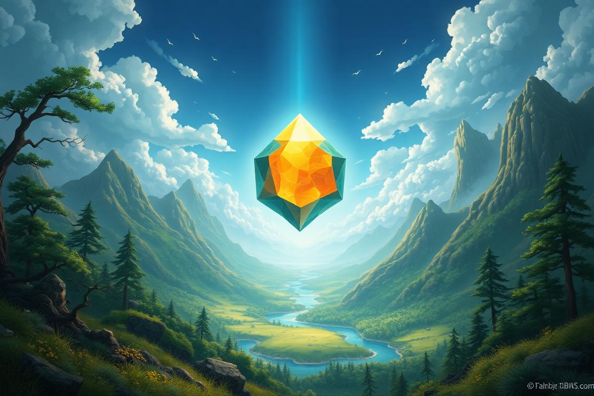 Key art of a floating gem above a broad valley