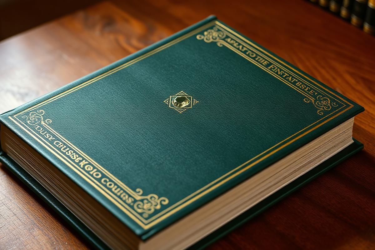 Hardcover book with a deep green cloth cover, gold ornamental border and an embossed gem motif