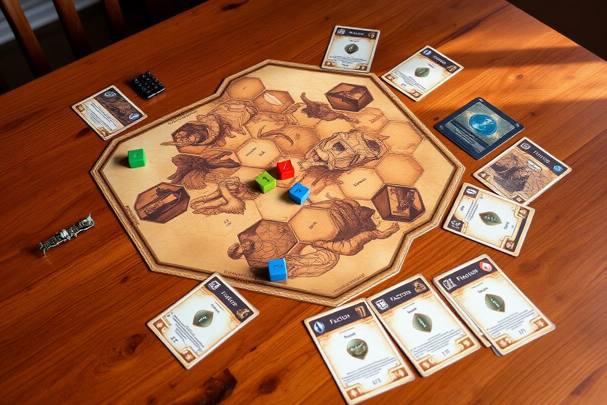 Board game components arranged on a wooden table