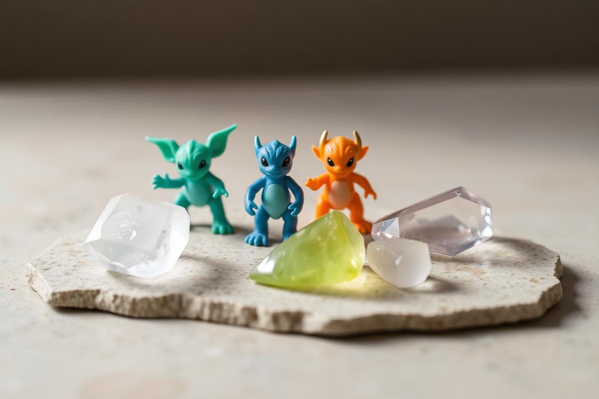 Four small collectible creature figures in green, blue and orange beside translucent resin gems on stone