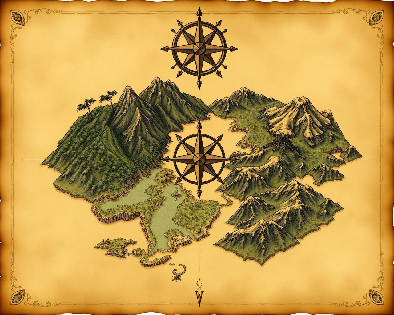 Illustrated parchment map of Gemnix Terra with four elemental territories.