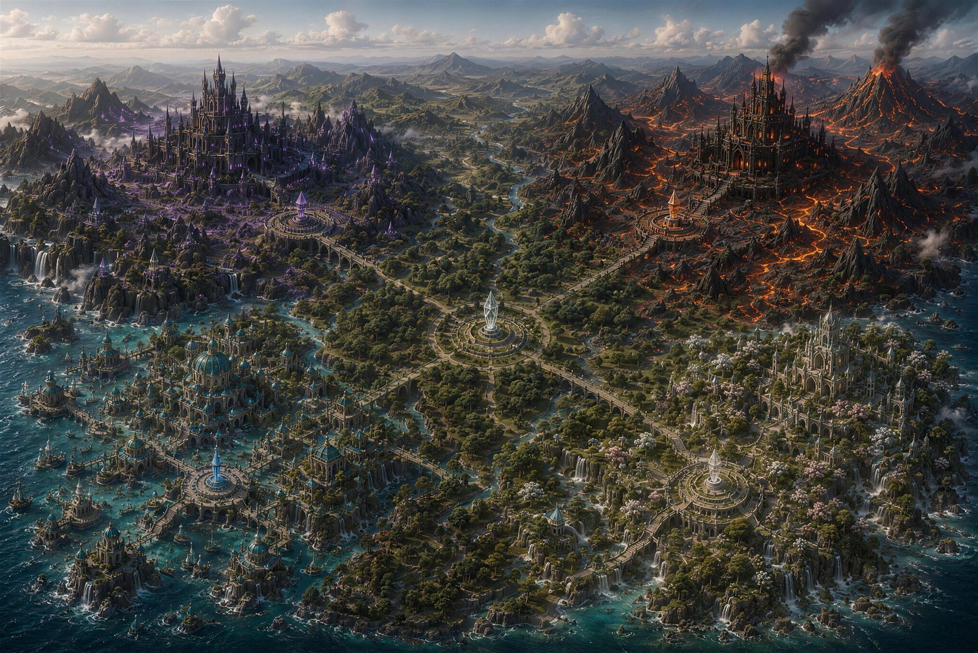 Illustrated parchment map of Gemnix Terra showing four elemental territories meeting at a central highland.
